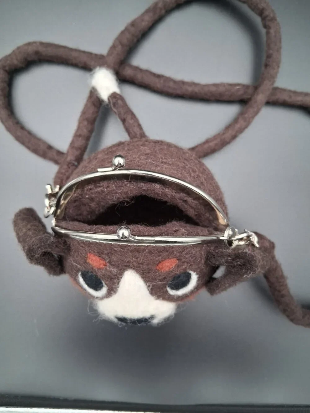 Wild Woolie Parker Pup Mini Crossbody Bag. Hand-felted wool with kiss-lock clasp